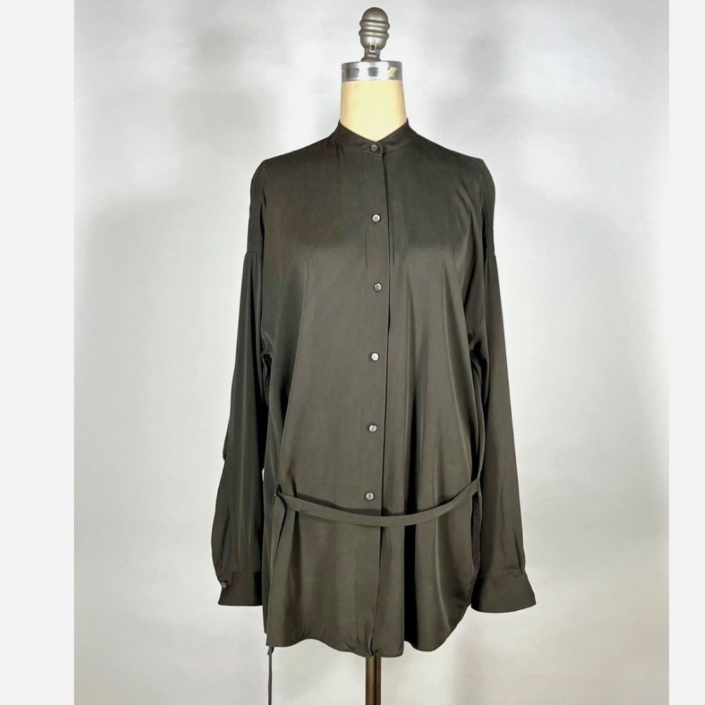 Helmut Lang Luxury Silk Button-Front Blouse Olive Taupe Slit Back Size Small